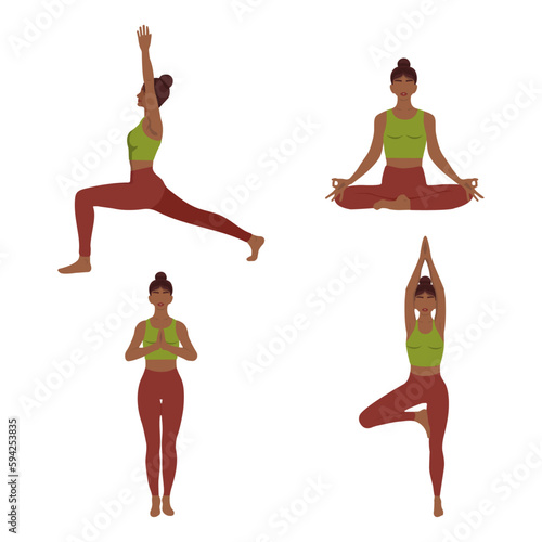 dark-skinned girl, yoga, asanas, mountain pose, warrior pose, tree pose