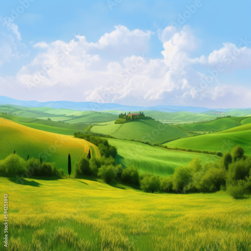 Painting of a green field in tuscany. Generative AI © Tamazina