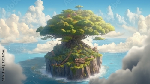 Island with a tree on top of it. Generative AI © Tamazina