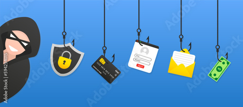 Hackers and cybercriminals phishing, identity theft, user login, password, documents, email and credit card. Hacking and web security. Internet phishing concept. Vector illustration