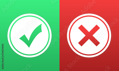 Tick and cross Buttons Labeled Mockup or Modern Devices UI Template - Green and Red. Check marks yes and no. Flat round buttons set. Click here button. Vector illustration