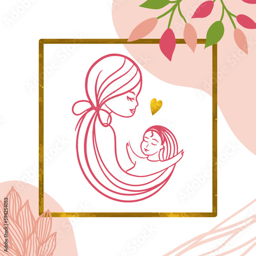 Vector illustration of a mother holding her baby daughter in her arms. Happy Mother's Day greeting card.