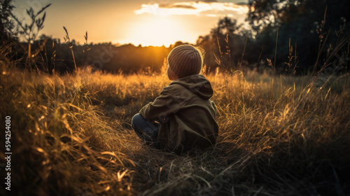 Boy sitting in a field at sunset. Generative AI