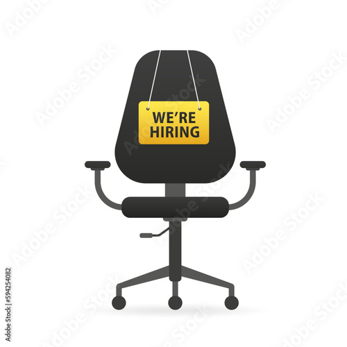 Recruiting or employment, open vacancy. Hiring and hiring business concept. We are hiring. Vacancy with empty office chair with vacant with sign, we need you. Office chair. Vector illustration
