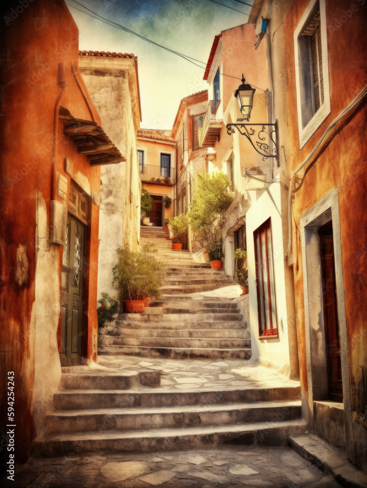 Street in a greek town with stairs and a lamp. Generative AI