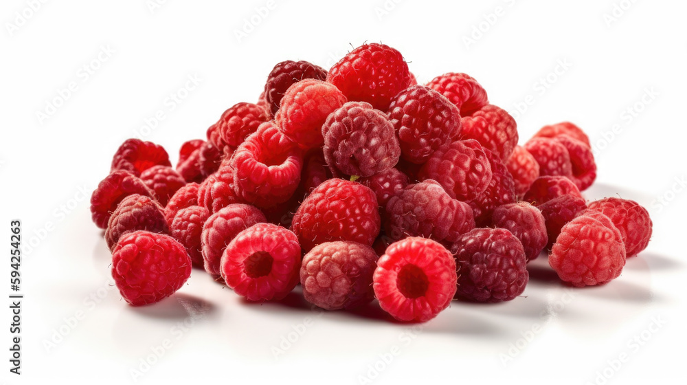 Pile of raspberries on a white background. Generative AI Pile of raspberries on a white background. Generative AI