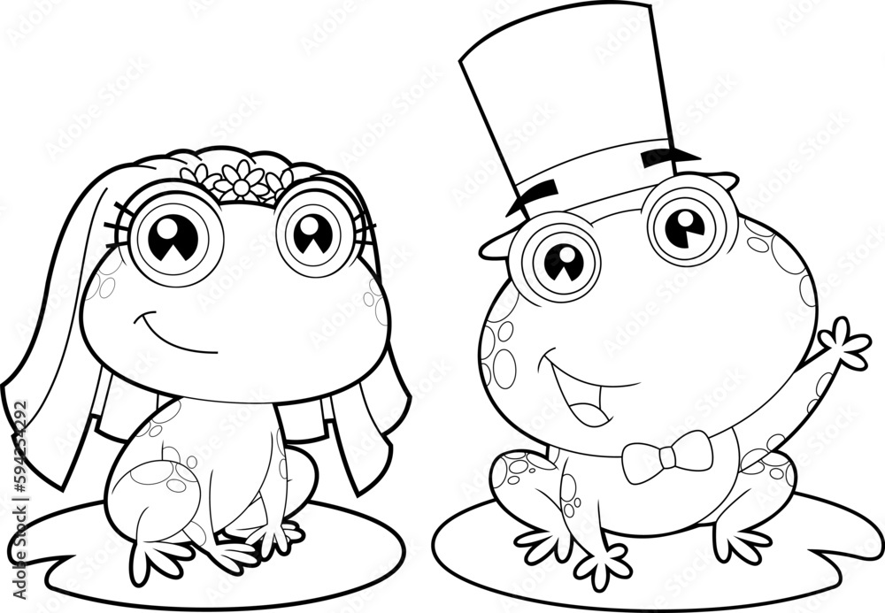 Outlined Cute Frogs Cartoon Characters Newlyweds. Vector Hand Drawn ...