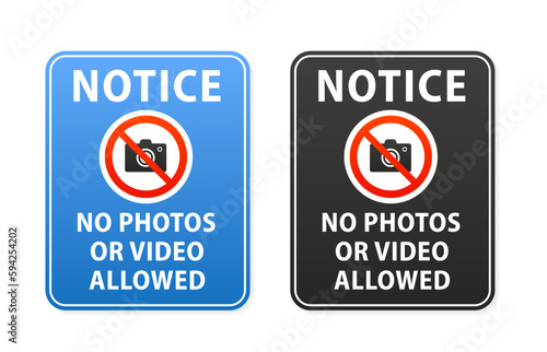 No photos or video allowed sign notice. Photo camera forbidden. Flat style. Vector illustration