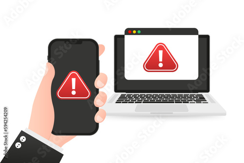 Attention message, alert sign on laptop and smartphone screen. Danger error alerts. Scam alert red message on browser window. Scam sign label isolated on screen computer. Vector illustration