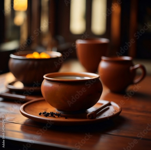 healthy Chinese tea on a wooden table  clay cup  blurry light  warm feeling. Generative AI