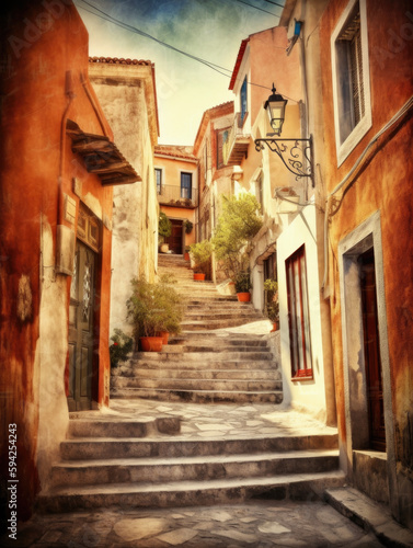 Street in a greek town with stairs and a lamp. Generative AI