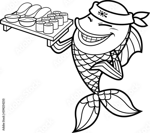 Outlined Fish Sushi Chef Cartoon Character Showing Sushi Set Japanese Seafood. Vector Hand Drawn Illustration Isolated On Transparent Background