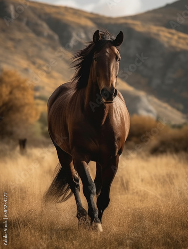 Brown horse galloping through a field with mountains in the background. Generative AI