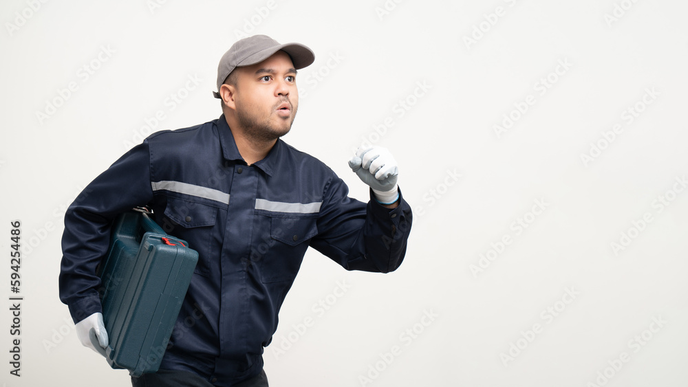 Technician workers in uniform maintenance service with equipment tools box. Profession of service industry house repair. Home services isolated background. Technician workers in uniform maintenance service with equipment tools box. Profession of service industry house repair. Home services isolated background.
