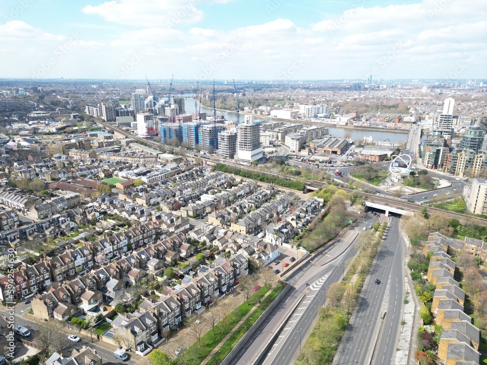 Wansworth southwest London UK Drone, Aerial, .Wansworth new build  apartments and roads of old houses  southwest London UK Drone, Aerial,  view from air  ..