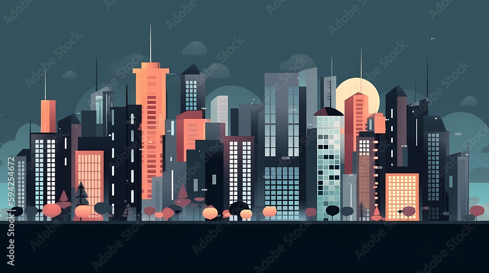 modern city landscape illustration night time, generative ai