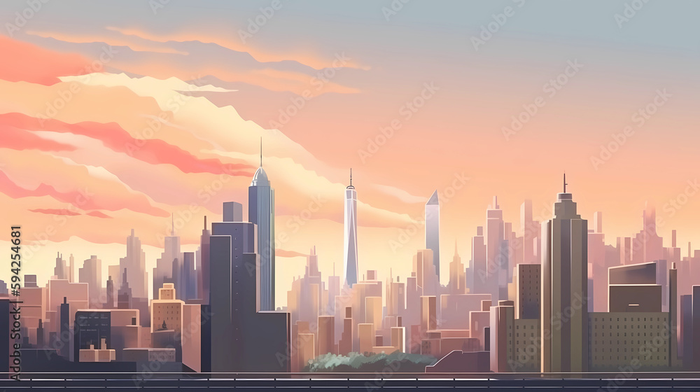 modern city landscape illustration sunset time, generative ai