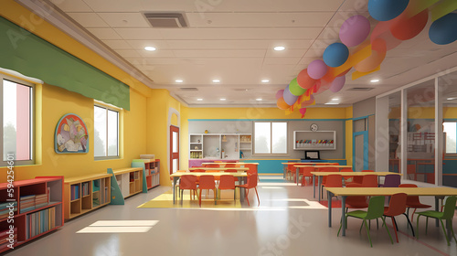 interior design of school, classroom, corridor and cafeteria. generative ai