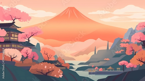 colorful japanese illustration design of nature  buildings and wild life. generative ai