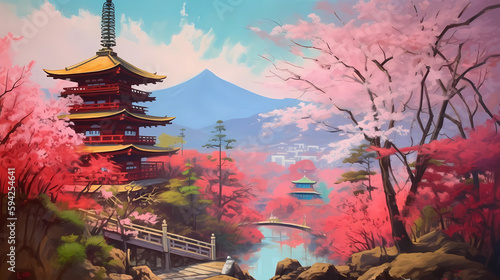 colorful japanese illustration design of nature, buildings and wild life. generative ai