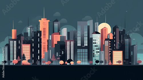 modern city landscape illustration night time, generative ai