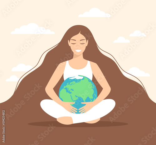 Young smiling woman with long hair sitting in lotus position and hugging planet Earth. Care and protection of the environment. Flat vector illustration
