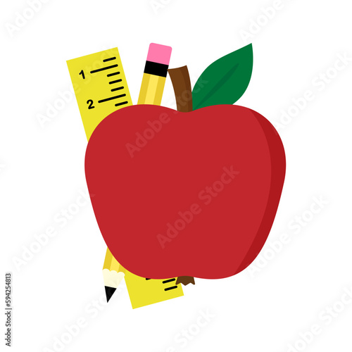 Vector school illustration with apple, pencil or crayon, line isolated on white background. Education flat icon, template, graphic elements for school, graduation, teachers day poster.