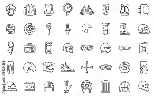 Motorcycle equipment icons set outline vector. Helmet bike. Cover enduro