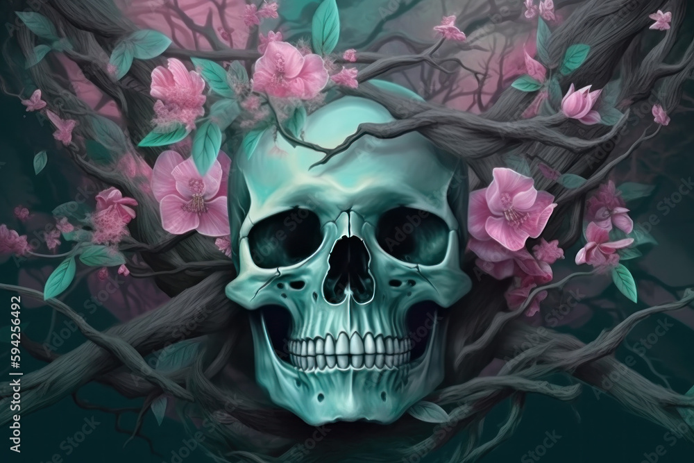 Totenkopf mit Blüten und Ästen Totenkopf mit Blüten und Ästen