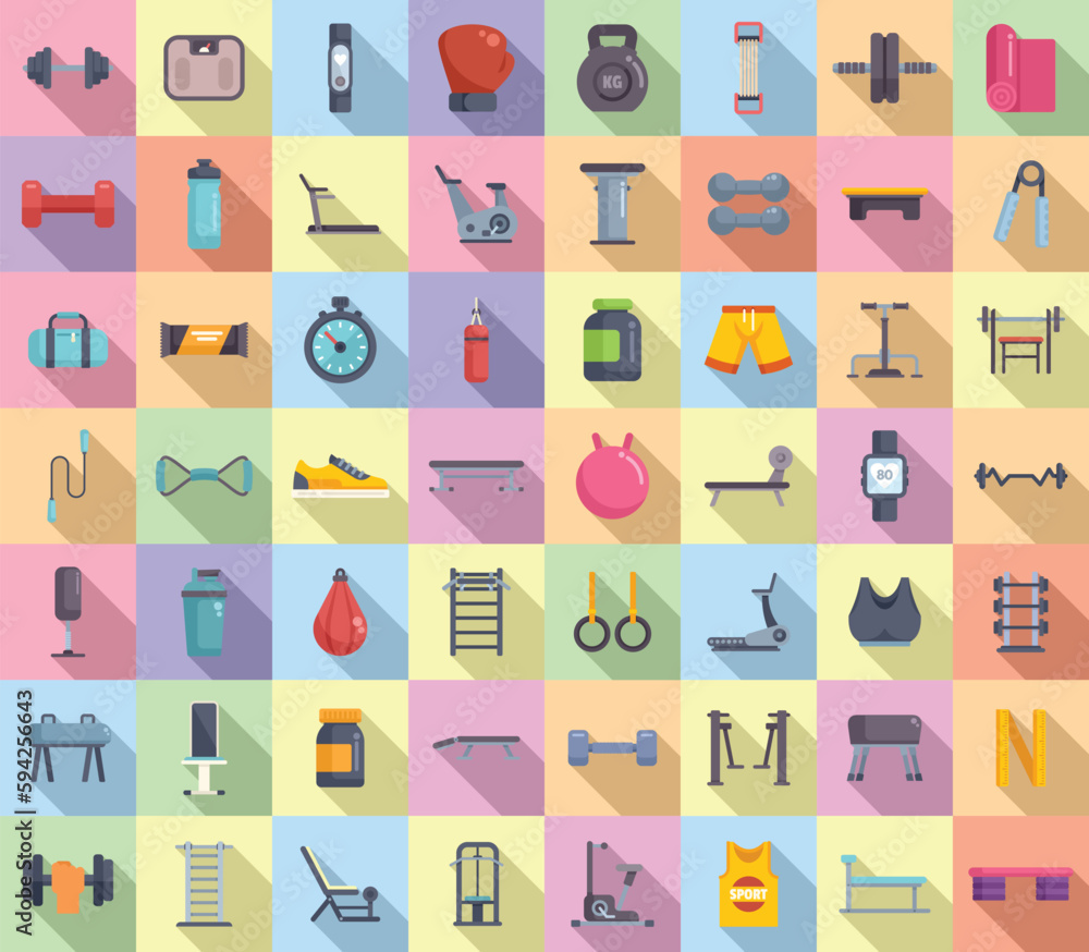 Fitness equipment icons set flat vector. Active gym. Muscle diet Fitness equipment icons set flat vector. Active gym. Muscle diet