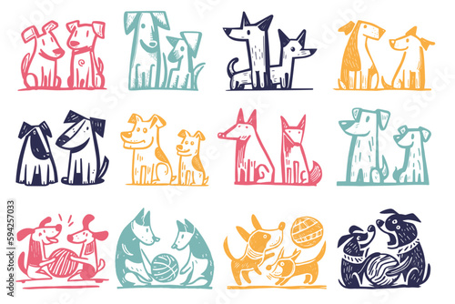Coloful couples of dogs illustrations that remind us vintage children books but at the same time illustrations look modern, Hand Drawn, minimal, isolated, vector, monochrome linocut