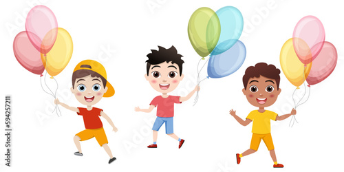 kids, little boys jump with colorful balloons on white background, cartoon illustration, vector. Birthday.Cute children having fun on birthday party.happy kids greeting card celebrate birthday vector