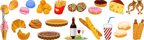 French food icons set cartoon vector. Cafe meal. Crepe restaurant