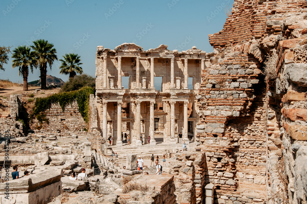 Naklejka premium The ruins of the Library of Celsius in the ancient city of Ephesus. The most visited ancient city in Turkey. Selcuk, Izmir Turkey