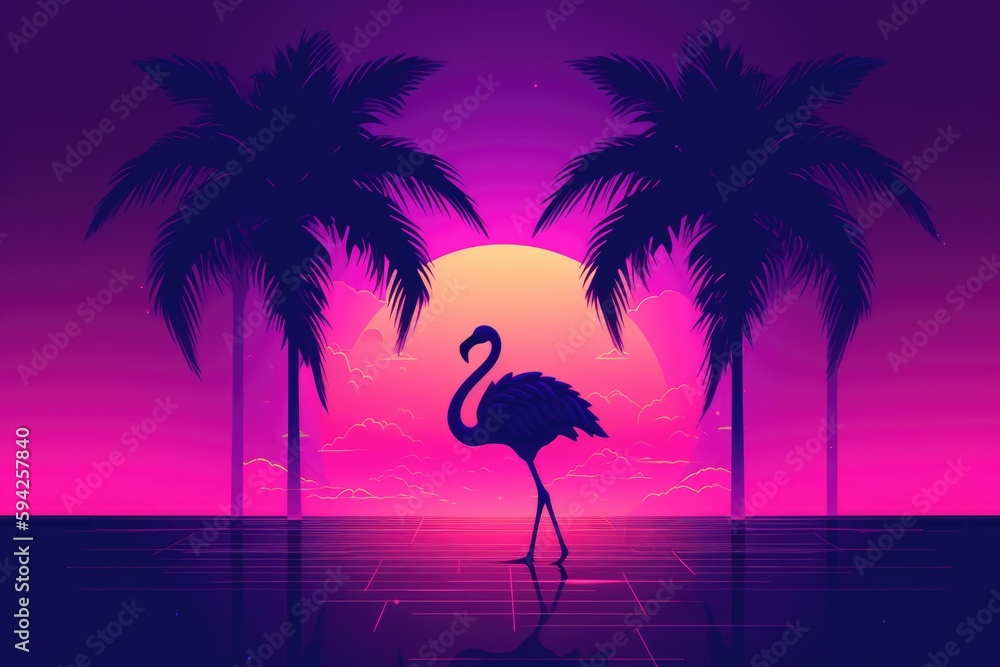 Purple and Neon Flamingo Giving Futuristic 1980s Summer Vibes. Created using ai generative.