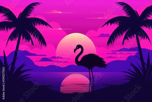 Purple and Neon Flamingo Giving Futuristic 1980s Summer Vibes. Created using ai generative. © Igor