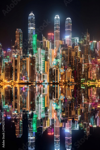 Futuristic night city. Cityscape on a dark background with bright lights and mirror reflection in water. Skyline view with modern buildings and skyscrapers  created with Generative AI technology.