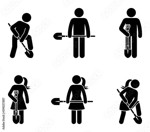 Stick figure male female standing with shovel vector illustration. Stickman man woman person people digging ground icon silhouette pictogram