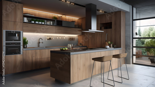 Modern dark wood kitchen interior wellness design. Generative AI.