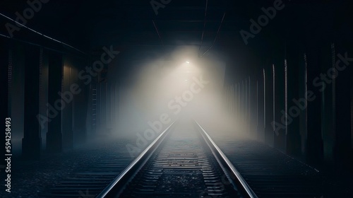  An empty Rail station Dark theme night time Cinematic light. Generative AI