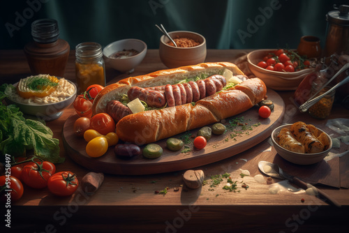 italian fried sausage and vegetables on a wooden board. ai generative