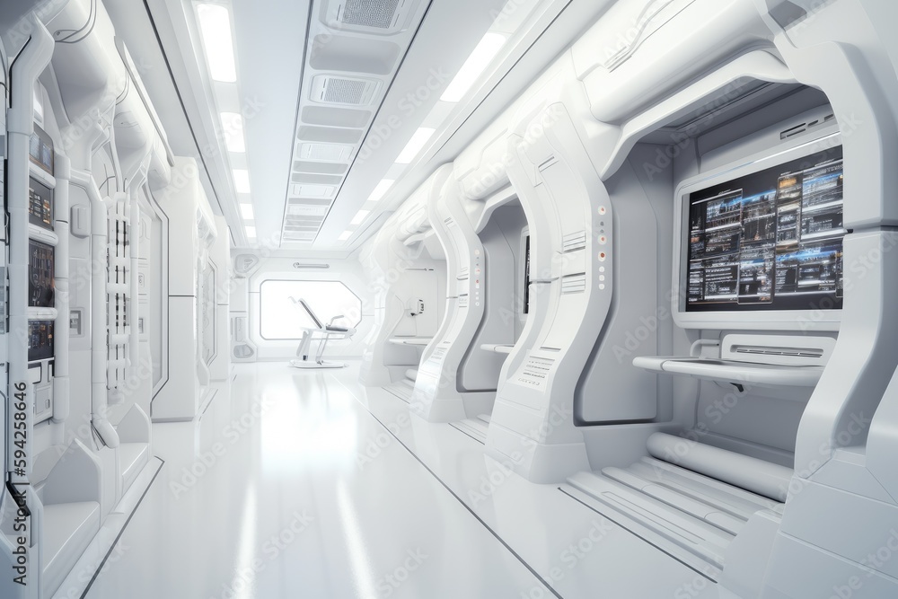 White sci-fi hallway interior with computer and monitor screen on the wall. Generative Ai White sci-fi hallway interior with computer and monitor screen on the wall. Generative Ai