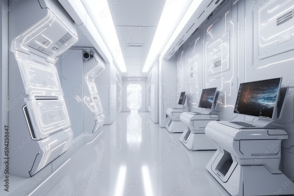 Obraz premium White sci-fi hallway interior with computer and monitor screen on the wall. Generative Ai