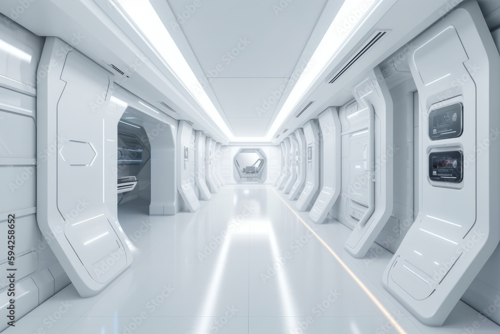 White sci-fi hallway interior with computer and monitor screen on the wall. Generative Ai