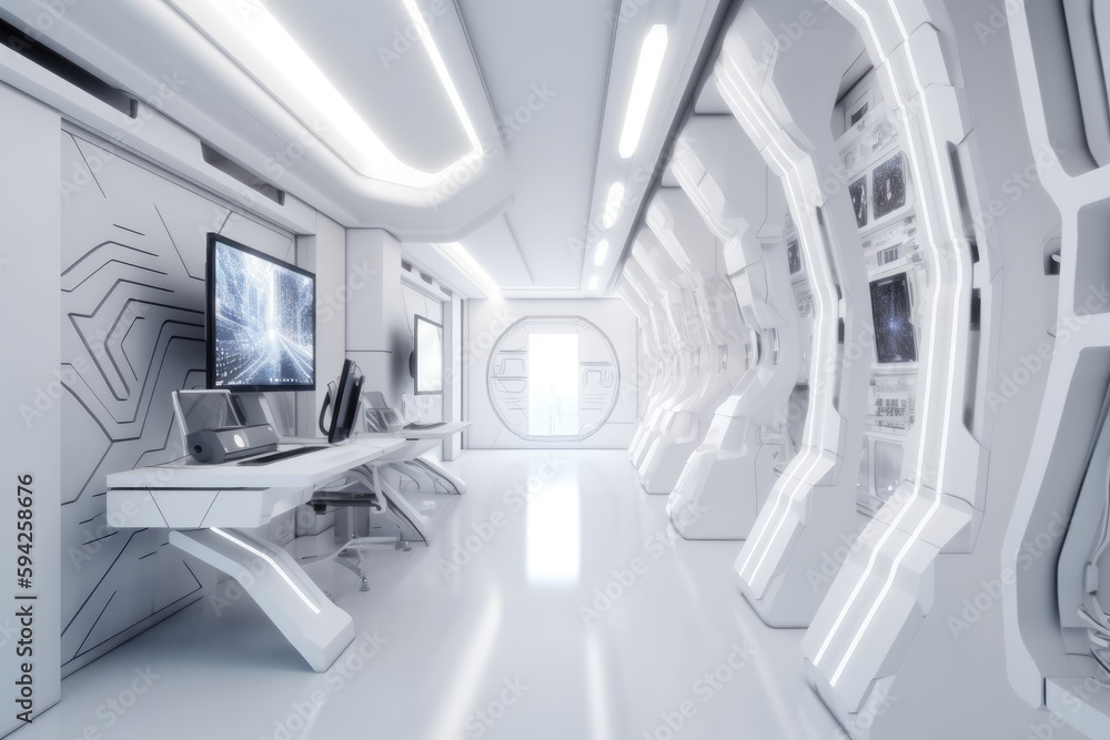 White sci-fi hallway interior with computer and monitor screen on the wall. Generative Ai White sci-fi hallway interior with computer and monitor screen on the wall. Generative Ai