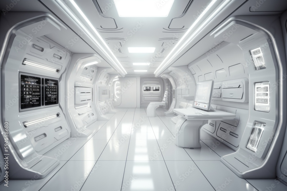 White sci-fi hallway interior with computer and monitor screen on the wall. Generative Ai White sci-fi hallway interior with computer and monitor screen on the wall. Generative Ai