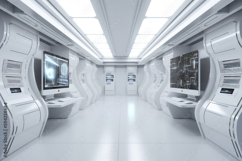 White sci-fi hallway interior with computer and monitor screen on the wall. Generative Ai White sci-fi hallway interior with computer and monitor screen on the wall. Generative Ai