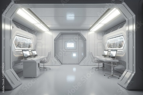 White sci-fi hallway interior with computer and monitor screen on the wall. Generative Ai © vassileva_t