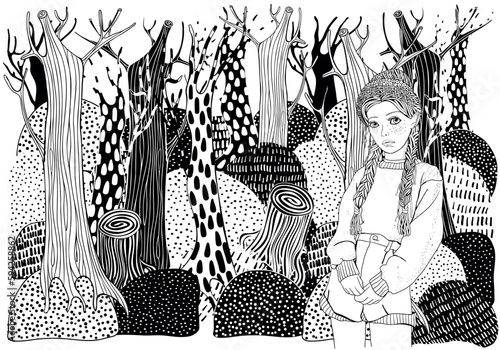 Black and white Coloring Book for Adults. Girl with long hair in the forest. Trees and mountain views. Anxiety Relief. Vector.