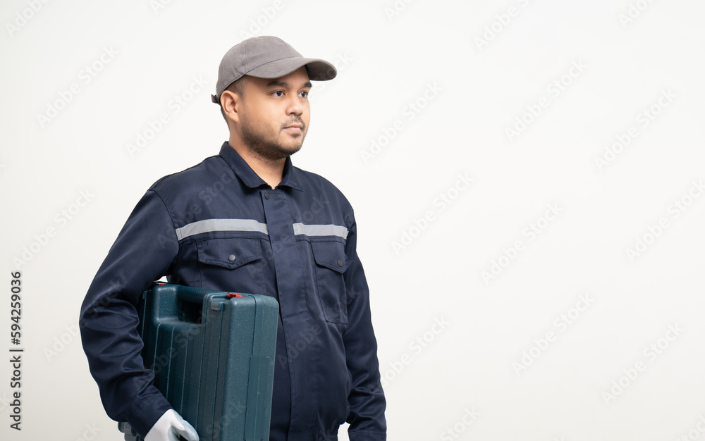 Technician workers in uniform maintenance service with equipment tools box. Profession of service industry house repair. Home services isolated background. Technician workers in uniform maintenance service with equipment tools box. Profession of service industry house repair. Home services isolated background.